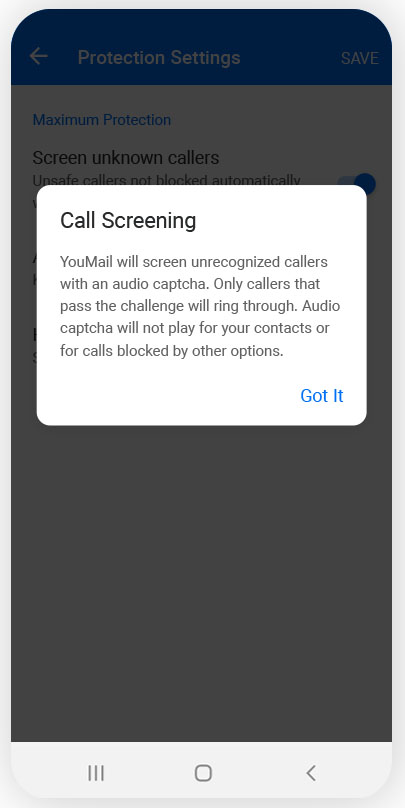 YouMail interface showing the protection settings with a dialog box that displays how call screening works.
