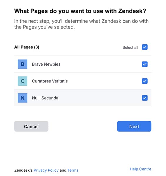 Zendesk Sell options to choose Facebook pages to connect