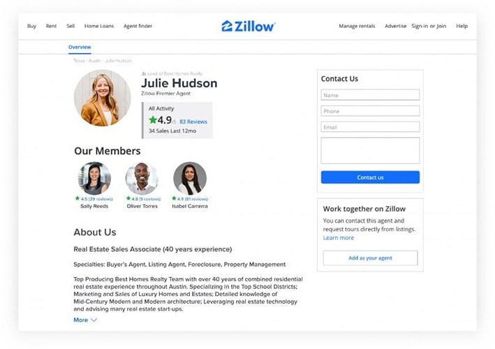 Zillow Premier Agent profile sample