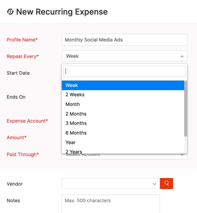 Input screen for creating a recurring expense in Zoho Books.