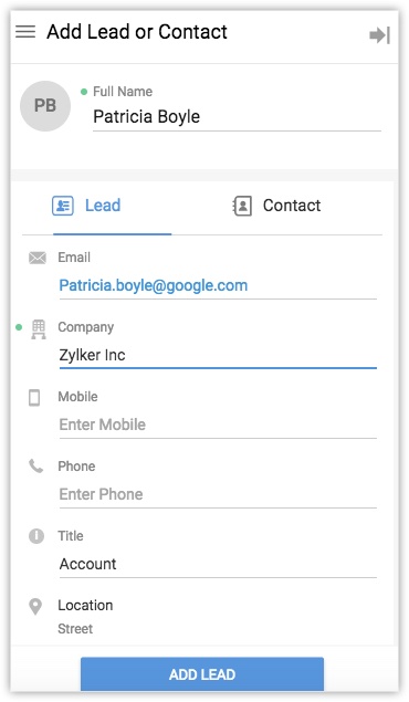 Adding a lead to Zoho CRM from Gmail