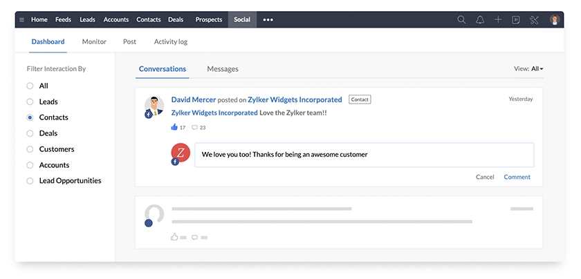 Zoho CRM social dashboard with conversations of contacts