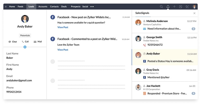 Zoho CRM track leads activities on Facebook