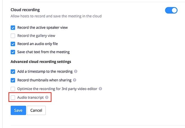 Zoom settings showing the option to turn on audio transcript