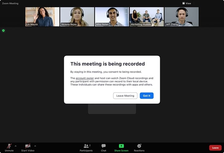 A pop-up on Zoom saying that the meeting is being recorded