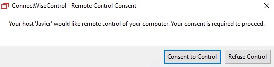 ConnectWise Control's consent-to-connect dialog box informing end-users that the host machine will have remote control of the computer.