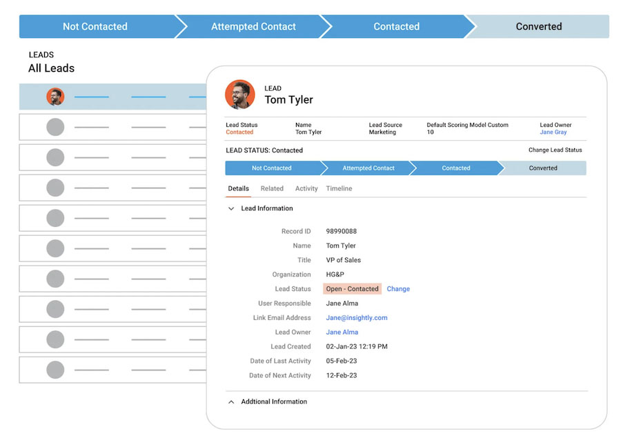 An example of a converted lead in Insightly CRM.
