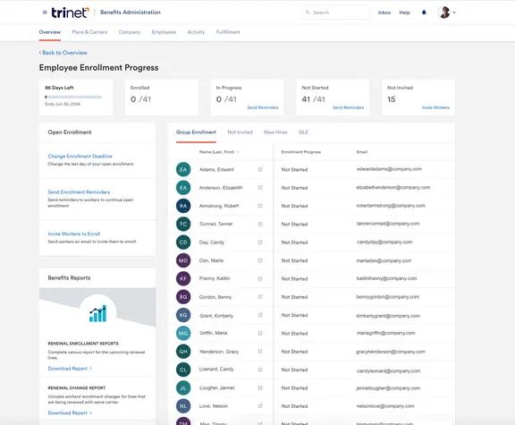 employee enrollment progress screen showing all employee and their stage of benefits enrollment