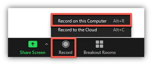 A portion of the Zoom toolbar showing meeting recording options