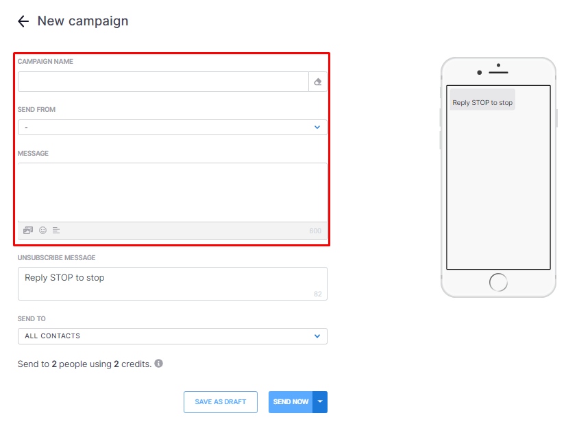 800.com SMS campaign setup screen with fields for campaign details and a phone preview.