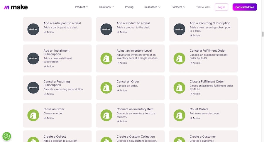Actions for customizing workflows for the Pipedrive-Shopify integration via Make.