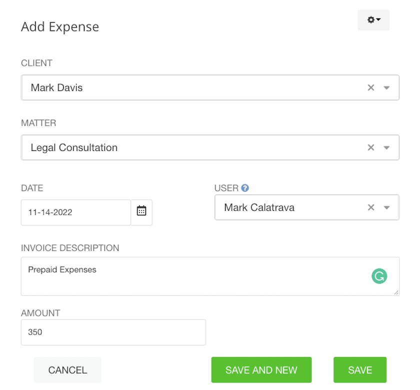 Screen where you can record a new expense transaction in LeanLaw.