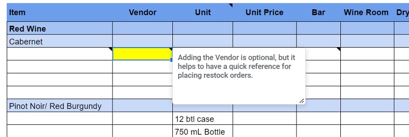 Adding vendor names to the inventory spreadsheet.