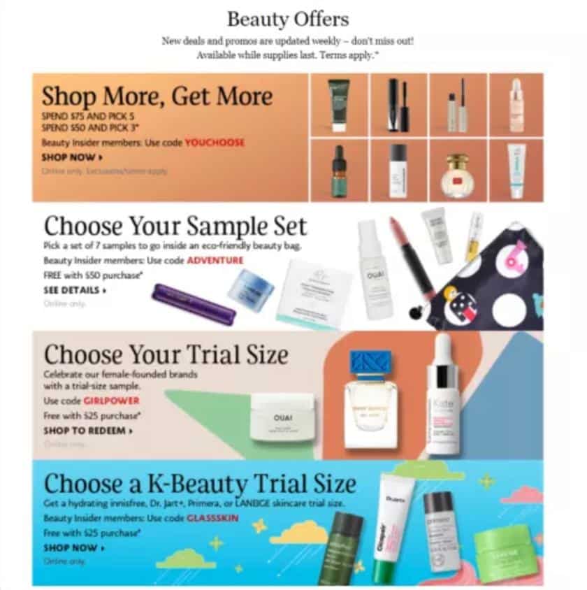 Beauty retailer Sephora offers multiple bundling deals including build your own sample set.