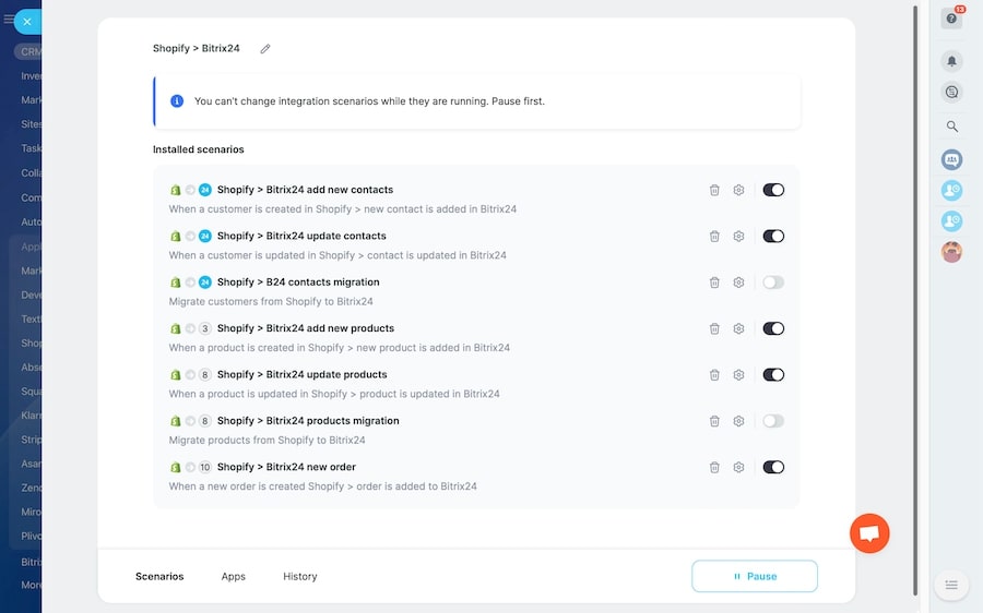 Bitrix24-Shopify integration settings for syncing contacts, products, and orders.