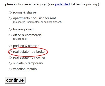 Craigslist page for choosing a category for real estate post.