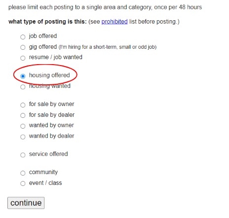 Craigslist page for choosing "type of post" for real estate post highlighting "housing offered".