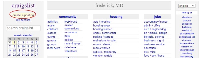 Craigslist homepage of Frederick, MD location highlighting the "create a posting" link.