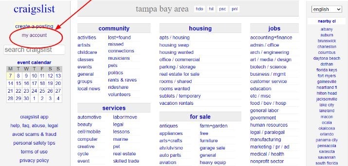 Craigslist homepage for the Tampa Bay Area highlighting the "my account" link.