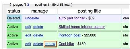Page containing the options to renew a Craigslist post highlighting the "renew" link.