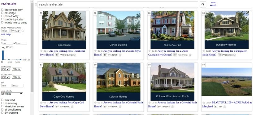 Screenshot of Craigslist's search results page for real estate posts.