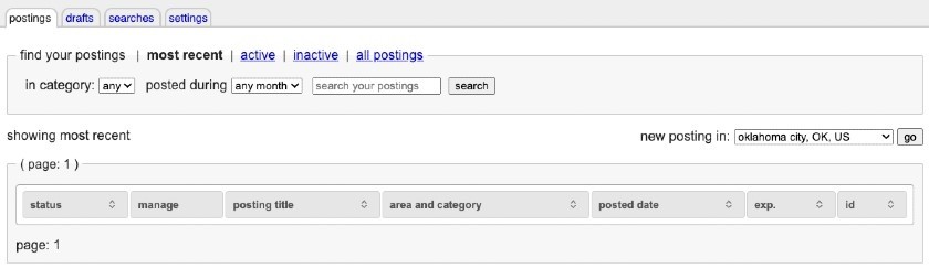 Section of a user dashboard of a sample Craigslist account.