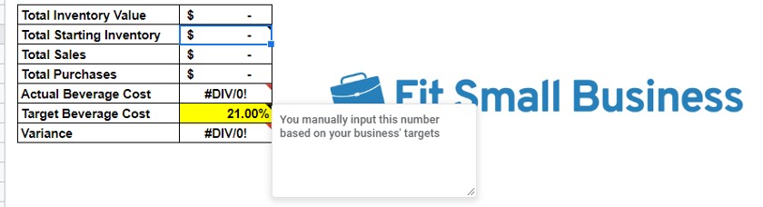 Entering a Target Beverage Cost value on the inventory spreadsheet.