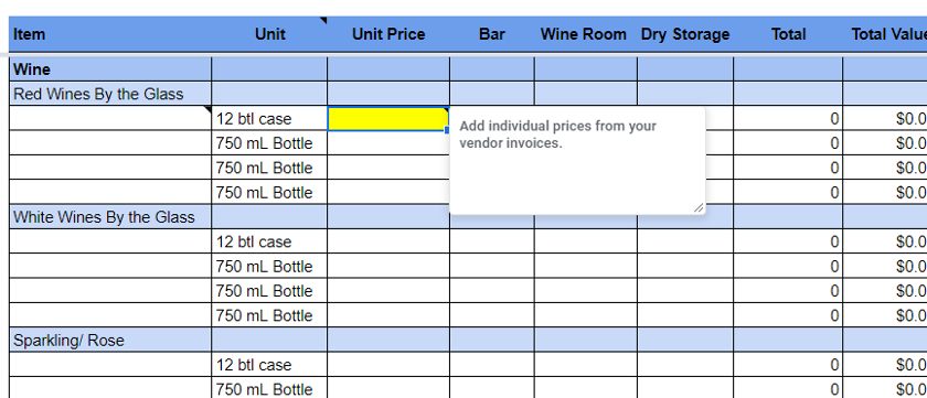 Entering the unit prices for each unit tracked on the inventory spreadsheet.