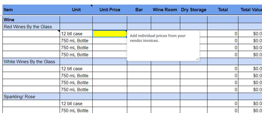 Food Inventory Template Excel   Screenshot Of Entering The Unit Prices For Each Unit Tracked On The Inventory Spreadsheet 