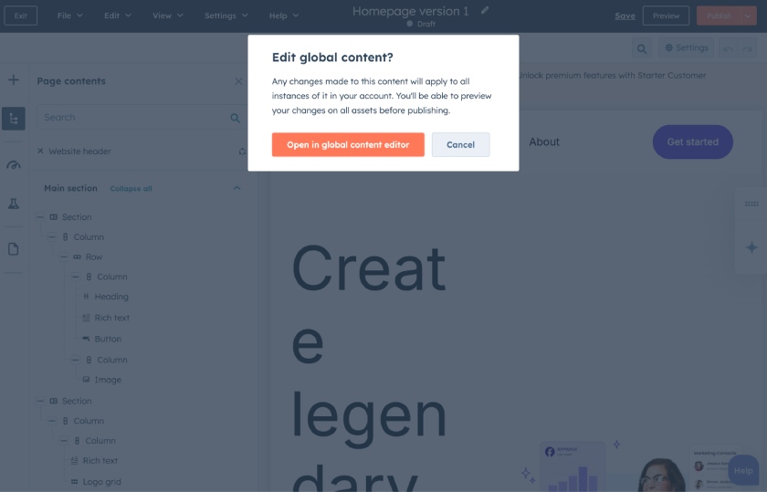 HubSpot's dialog box overlaid on a page confirming whether the user wants to open the global content editor to edit the website header.
