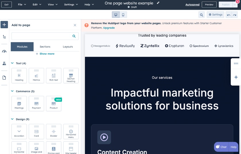 HubSpot's drag-and-drop page editor for modules by categories like text, commerce, and design.