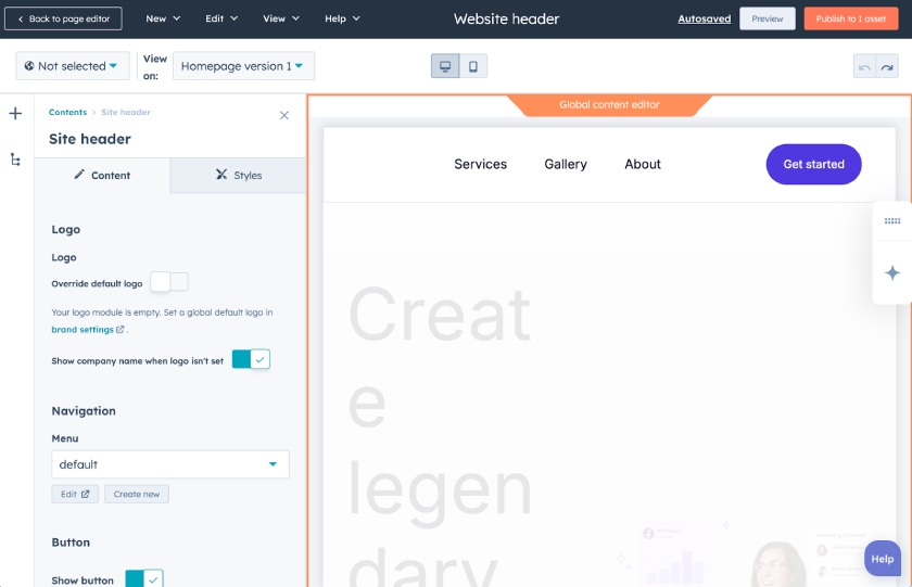 HubSpot's global content editor highlighting a box around the header element with a left sidebar open to change elements.