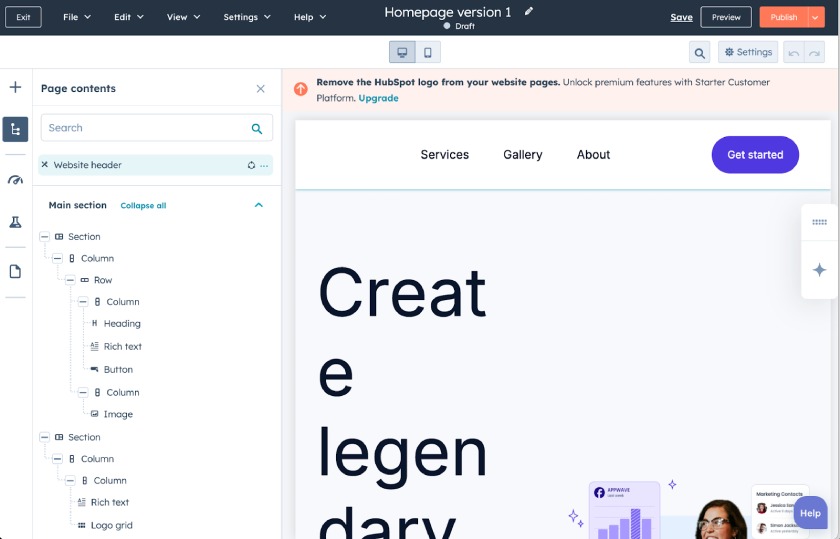 HubSpot's left sidebar open with the option to edit the website's header.