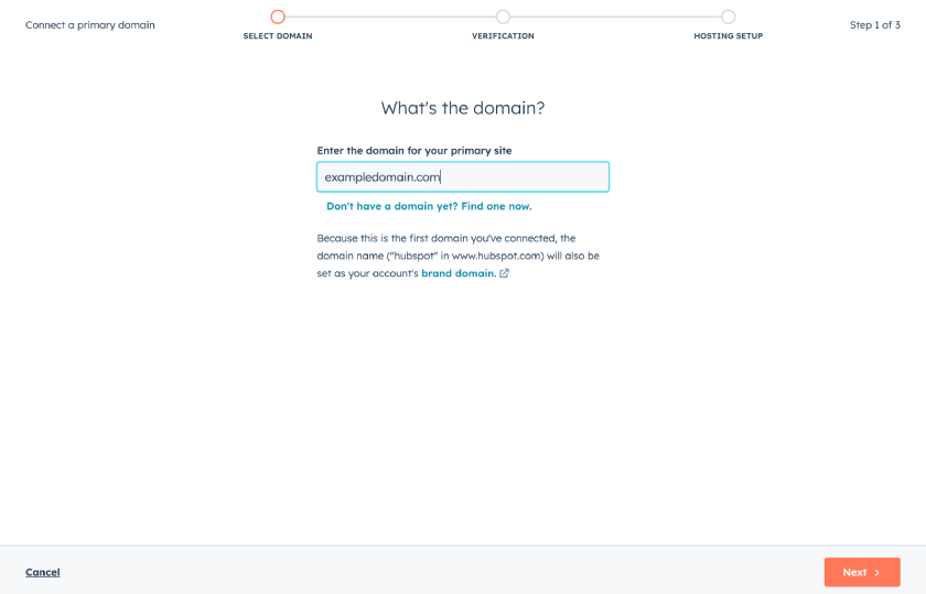 HubSpot's modal for adding a domain to a website with a step to enter the domain.