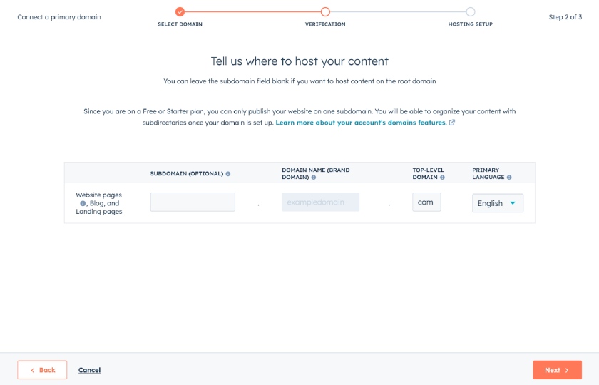HubSpot's modal for adding a domain to a website with a step to specify where the content should be hosted.