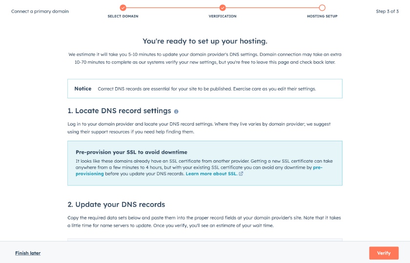 HubSpot's modal for adding a domain to a website with a step to verify and set up the domain.