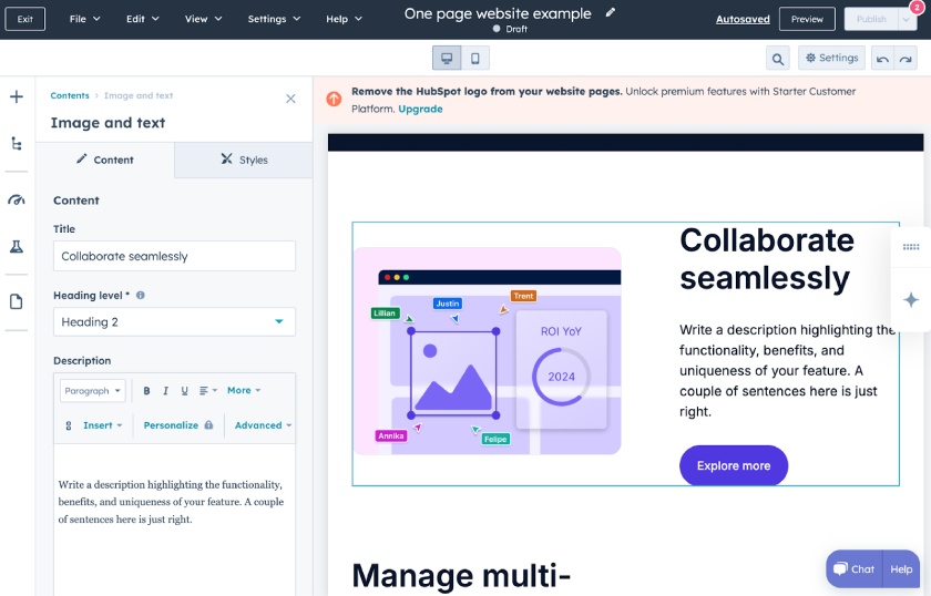 HubSpot's module editor on the left sidebar with text boxes to edit titles, customize heading levels, and add descriptive copy.