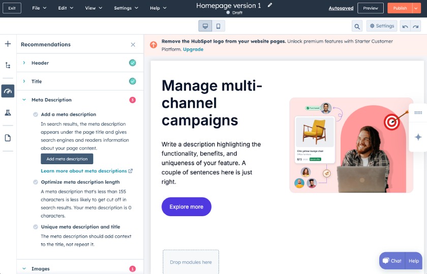 HubSpot's SEO recommendations on the left sidebar featuring notes on how to improve the site's header, meta title, meta description, and images.