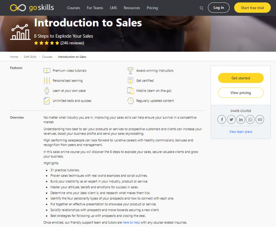Screenshot of Introduction to Sales course overview.
