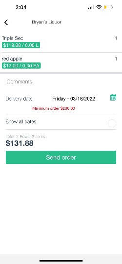 Screenshot of MarketMan order screen showing an error message: Minimum order $200.