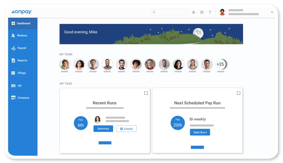 OnPay admin dashboard with list of team members and your Tiles.