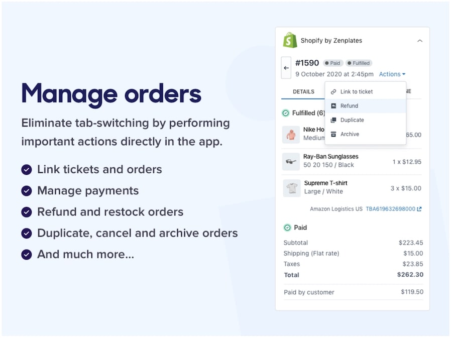 Order management capabilities of the Shopify by Zenplates app and examples of actions for a Shopify order in Zendesk Sell.