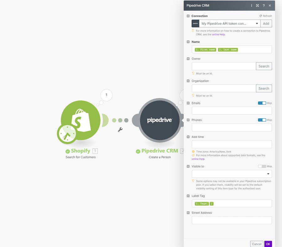 Pipedrive-Shopify integration settings with fields for record name, owner, organization, email, phone number, time, visibility, label, and address.