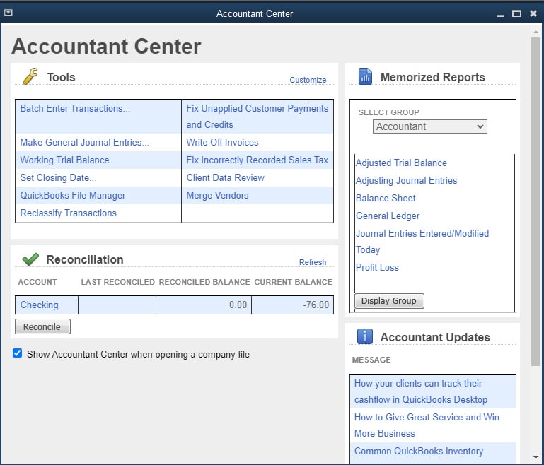 QuickBooks Accountant Desktop Accountant center page.