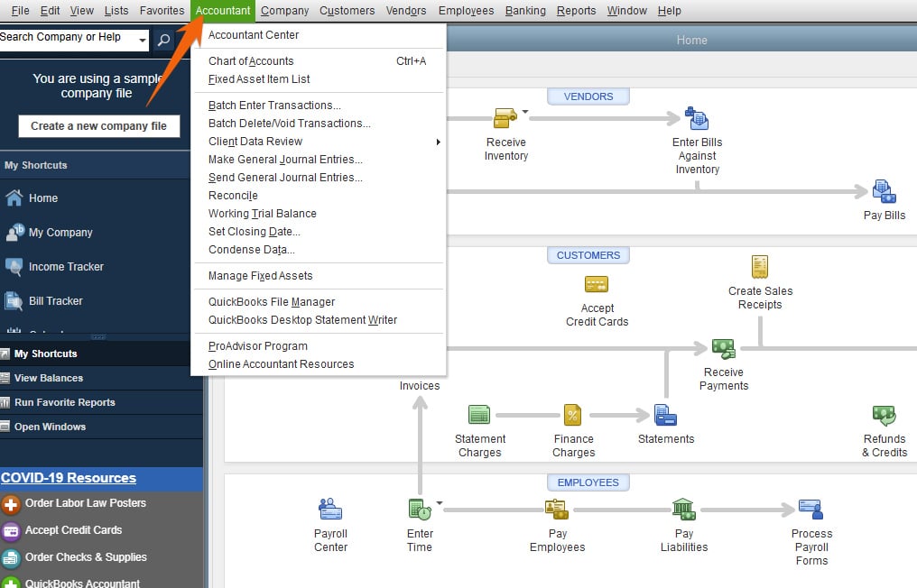 QuickBooks Accountant Desktop menu sample.