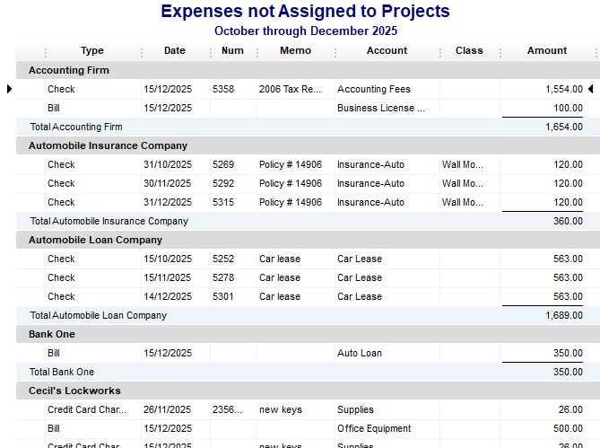 QuickBooks Premier Professional Services Sample Report on Expenses Not Assigned to Projects.