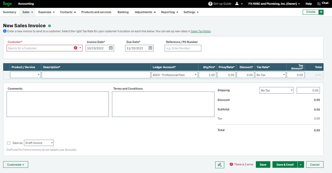 Entering a New Sales Invoice in Sage Business Cloud Accounting.