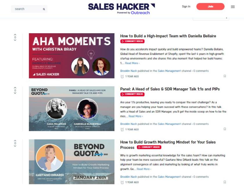 Screenshot of sales management video courses on Sales Hacker.