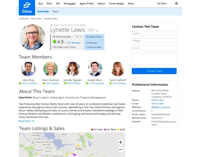 Screenshot of a Zillow team profile page.