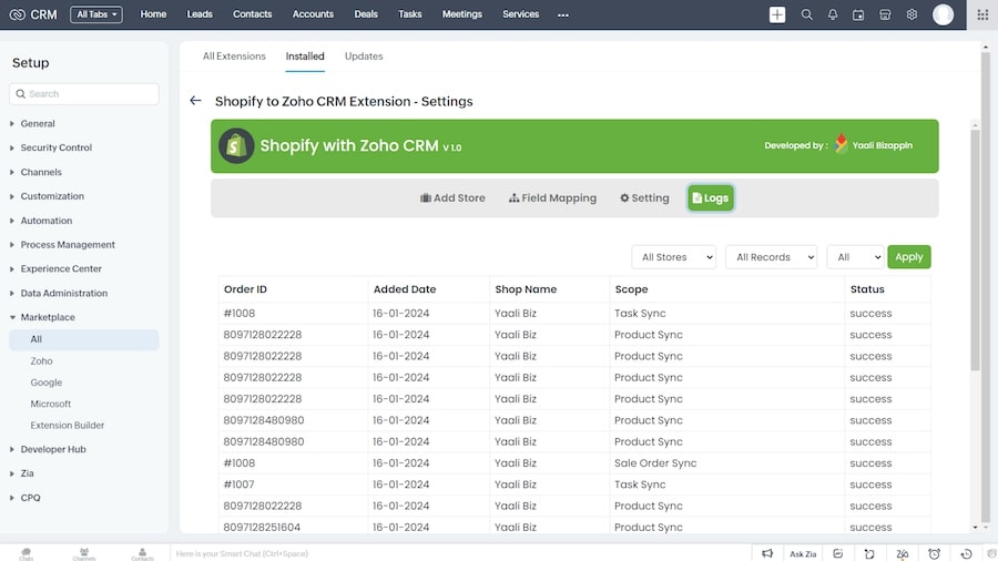 Shopify to Zoho CRM extension settings showing showing order logs from multiple Shopify stores and details like order ID, order date, shop name, scope, and status.